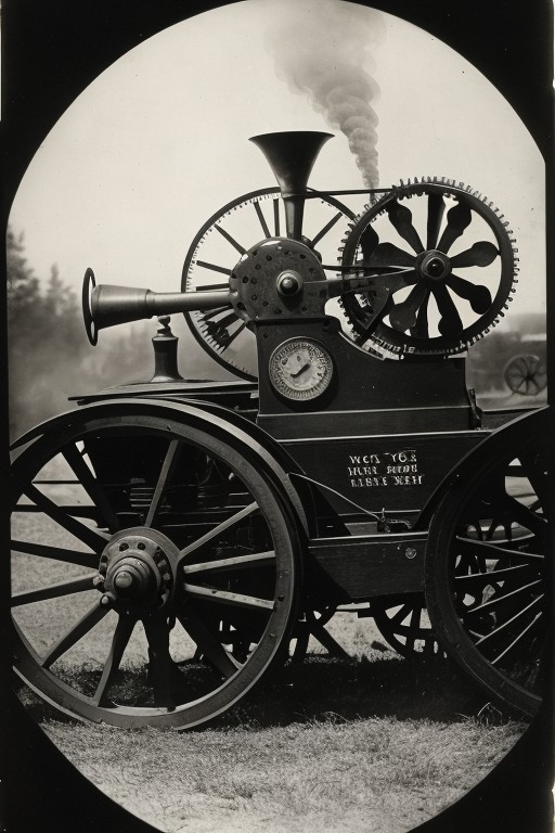 barnum, steam-powered (vintageclockwork:1.1) cogs and mechanism visible, 1890,, smoke, mist